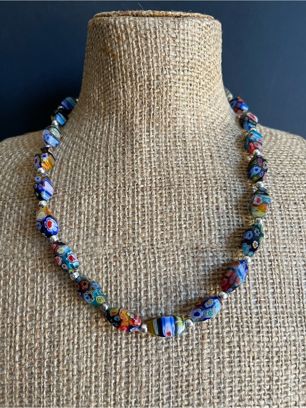 925 Sterling silver Multicolor Murano Millefiori Glass Bead Necklace.